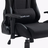 The product is an ergonomic office chair designed for gaming, specifically the UVI Chair model in black. The image showcases the chair's sleek design, featuring a padded seat and backrest for comfort, adjustable armrests, and a sturdy base, all in a sophisticated black fabric.