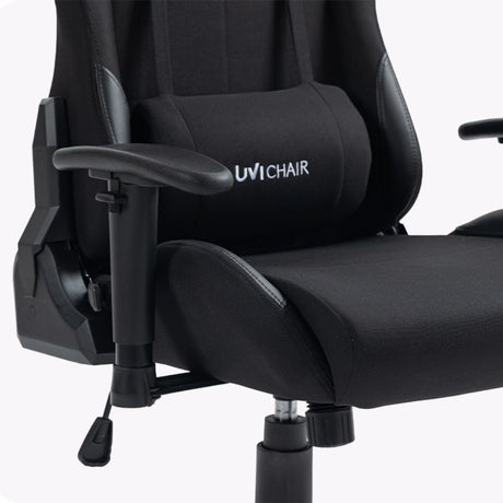 The product is an ergonomic office chair designed for gaming, specifically the UVI Chair model in black. The image showcases the chair's sleek design, featuring a padded seat and backrest for comfort, adjustable armrests, and a sturdy base, all in a sophisticated black fabric.