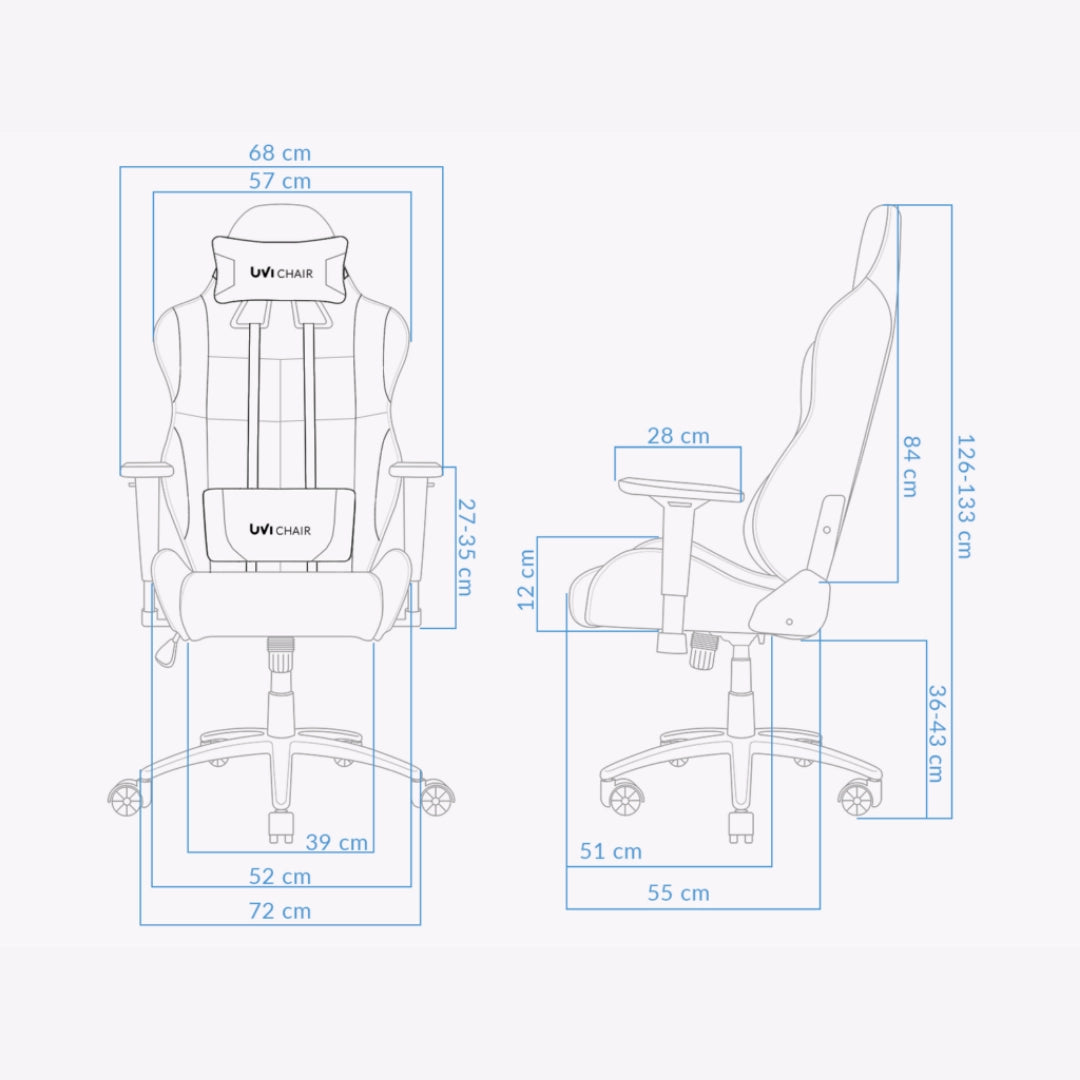 The product is an ergonomic office chair designed for gaming, specifically the UVI Chair model in black. The image displays the chair from different angles, highlighting its dimensions and features such as adjustable armrests, a high backrest, and a comfortable design suitable for extended use.