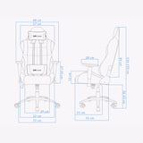 The product is an ergonomic office chair designed for gaming, specifically the UVI Chair model in black. The image displays the chair from different angles, highlighting its dimensions and features such as adjustable armrests, a high backrest, and a comfortable design suitable for extended use.