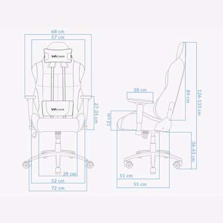 The product is an ergonomic office chair designed for gaming, specifically the UVI Chair model in black. The image displays the chair from different angles, highlighting its dimensions and features such as adjustable armrests, a high backrest, and a comfortable design suitable for extended use.