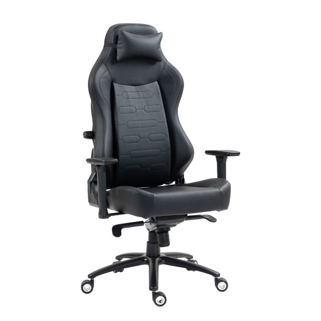 The image features an ergonomic office chair designed for comfort and support during long hours of use. It appears to have a sleek design with a black leather finish, a high backrest, and adjustable armrests. The chair also includes a headrest for added neck support.
