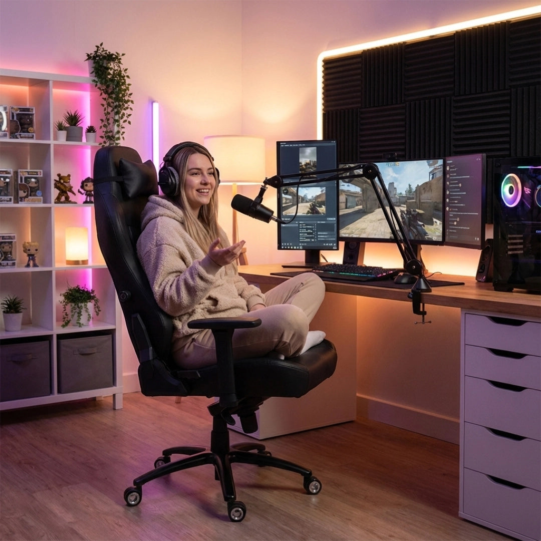 The product is an ergonomic office chair designed for comfort during long hours of use. It appears to be a model from the UVI brand, specifically the Elegant Business line. In the image, a young woman is sitting comfortably in the chair while engaging with a microphone and multiple computer monitors, creating a cozy and modern workspace environment. The background features decorative shelves
