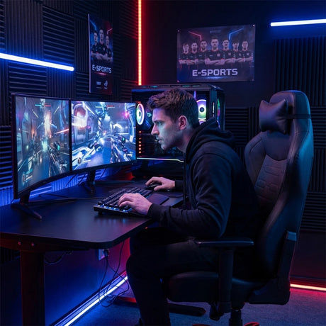 The image features an ergonomic office chair designed for gaming, likely from the UVI brand. It showcases a person sitting at a desk with dual monitors displaying a video game, set in a modern gaming environment with colorful LED lighting. The chair has a high backrest and is designed for comfort during extended use.