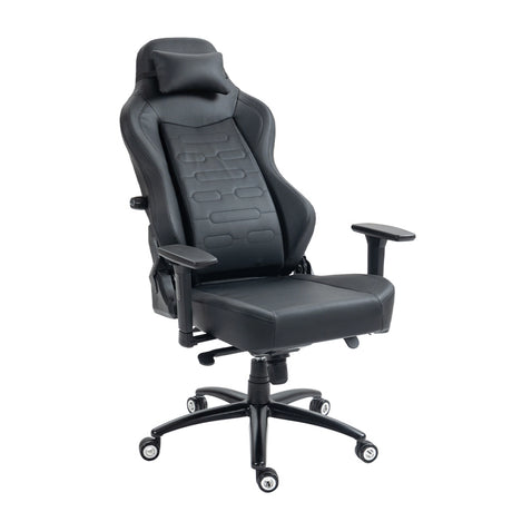The product is an ergonomic office chair designed for comfort and support during long hours of sitting. It features a sleek black design with a high backrest, padded seat, and adjustable armrests. The chair also includes a headrest for added neck support, making it suitable for both business and gaming environments.