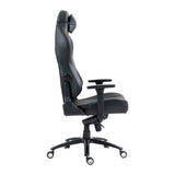 The product is an ergonomic office chair, specifically the UVI Elegant Business model. The image shows the chair from the side, highlighting its sleek design, high backrest, adjustable armrests, and a sturdy base with wheels for mobility. The chair features a black leather finish, emphasizing a professional and modern aesthetic.