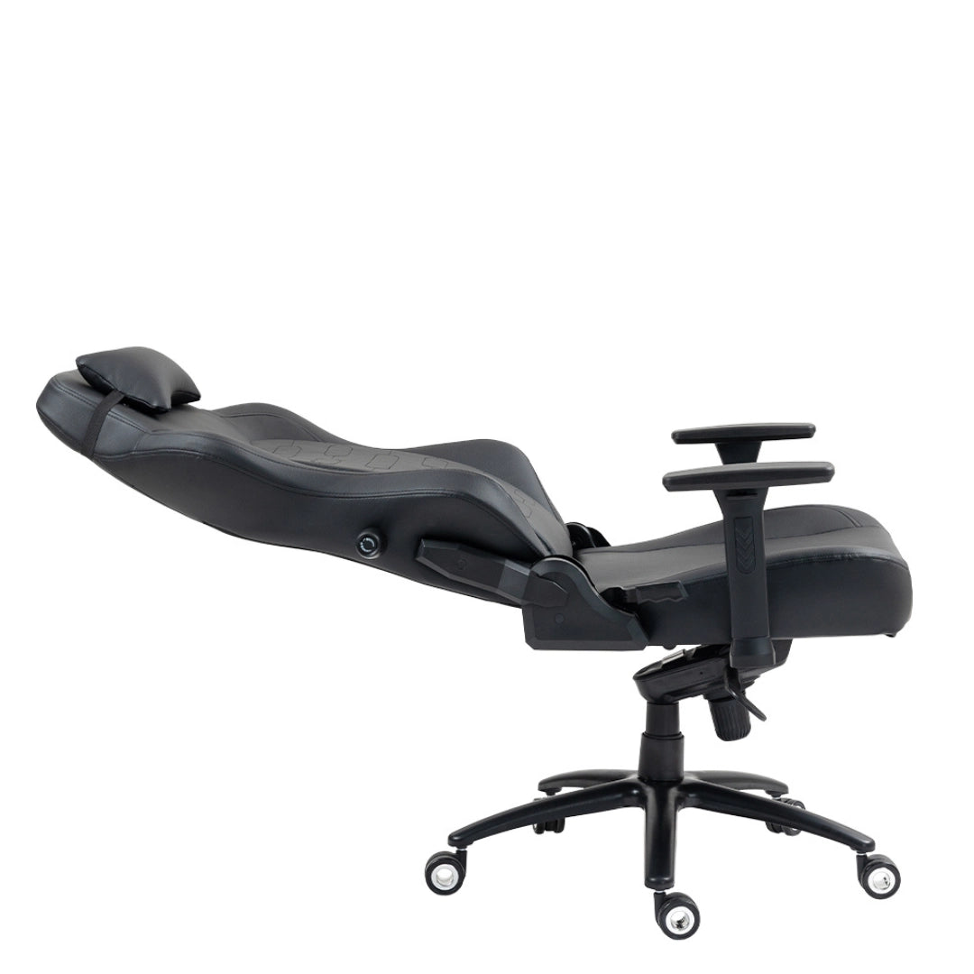 The product is an ergonomic office chair designed for comfort during long hours of use. It features a sleek black design with a reclining backrest and adjustable armrests. The chair is equipped with a headrest for added support, making it suitable for business or home office environments.