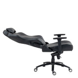 The product is an ergonomic office chair designed for comfort during long hours of use. It features a sleek black design with a reclining backrest and adjustable armrests. The chair is equipped with a headrest for added support, making it suitable for business or home office environments.