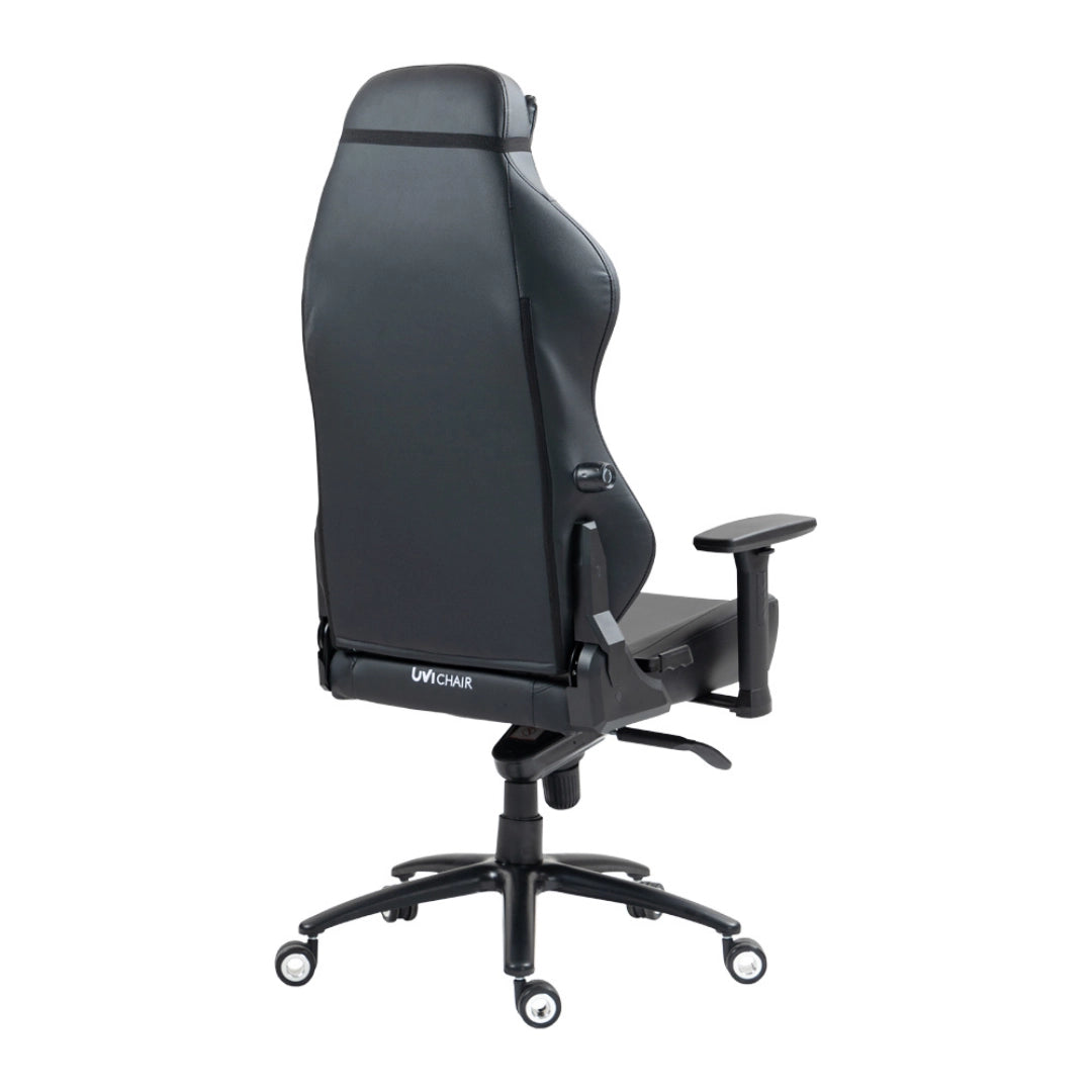 The image features an ergonomic office chair designed for business use, specifically the UVI Elegant Business model. The chair is predominantly black, showcasing a sleek and modern design with a high backrest and adjustable armrests, suitable for comfort during long hours of sitting.