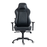 The product is an ergonomic office chair, specifically the UVI Elegant Business model. The chair features a sleek black design with a high backrest, adjustable armrests, and a supportive headrest, all designed for comfort and style in a professional setting. The base includes wheels for easy mobility.