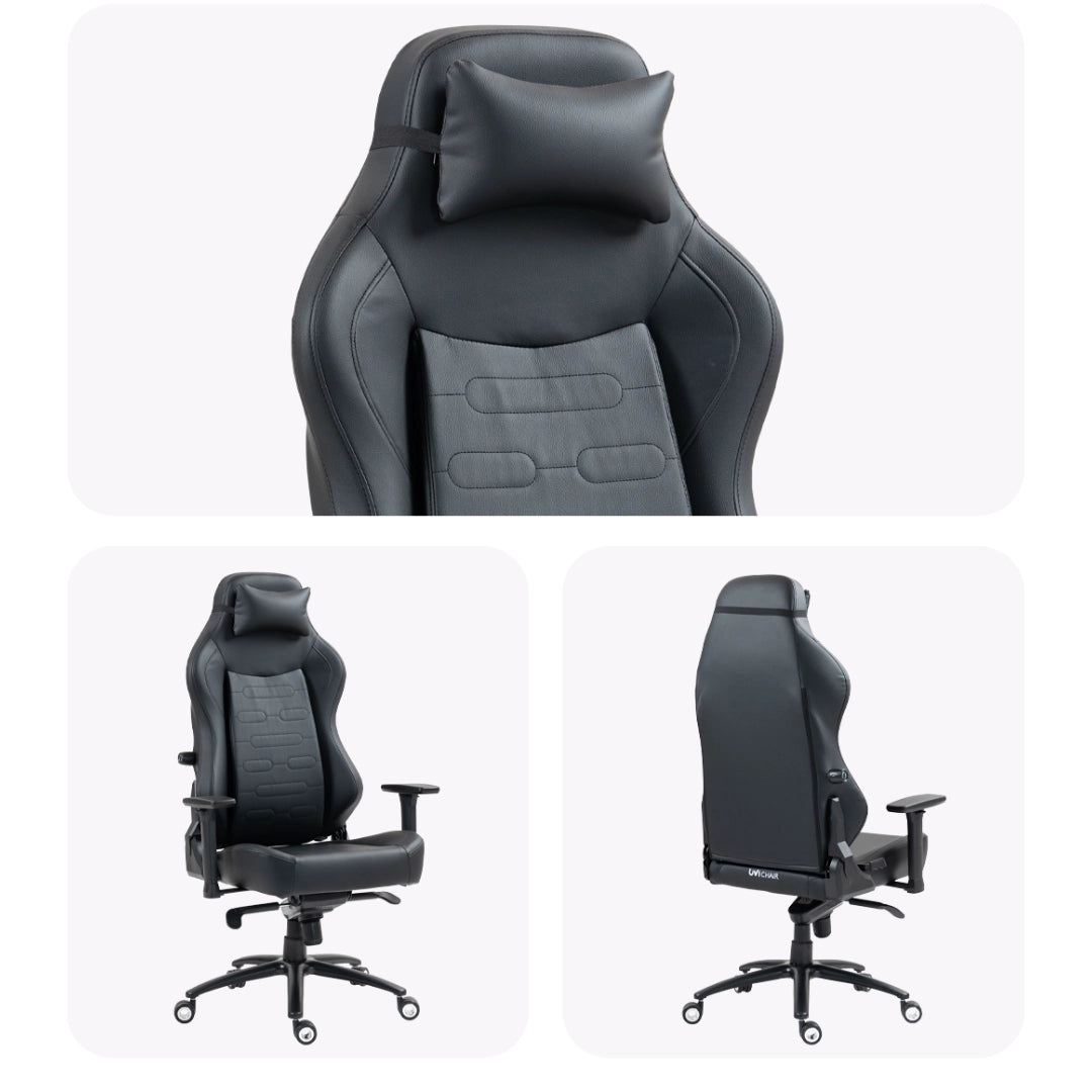The product is an ergonomic office chair, specifically the UVI Elegant Business model. The images showcase the chair from multiple angles, highlighting its sleek black design, padded headrest, and adjustable armrests. The chair features a modern aesthetic with a focus on comfort and support.