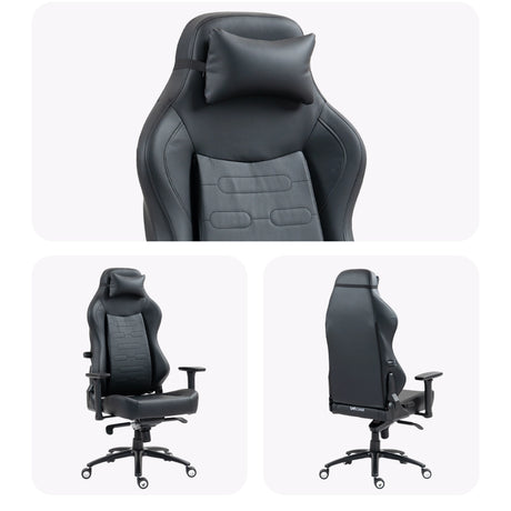The product is an ergonomic office chair, specifically the UVI Elegant Business model. The images showcase the chair from multiple angles, highlighting its sleek black design, padded headrest, and adjustable armrests. The chair features a modern aesthetic with a focus on comfort and support.