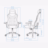 The product is an ergonomic office chair, specifically the UVI Elegant Business model. The image displays a technical drawing of the chair from two angles, highlighting its dimensions and features such as adjustable height and armrests. The design appears modern and supportive, suitable for long hours of use in an office setting.