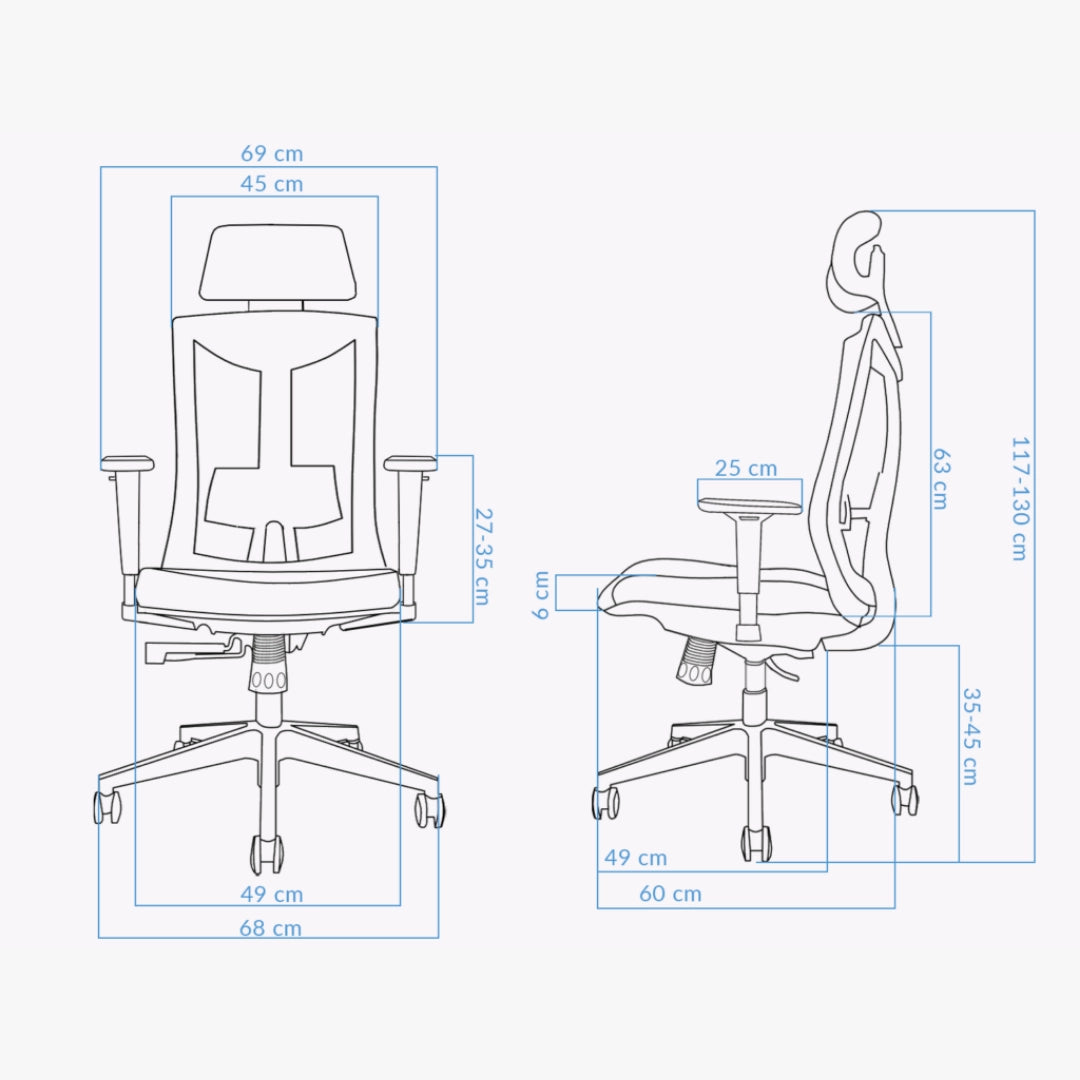 The product is an ergonomic office chair, specifically the UVI Focus model. The image displays a detailed outline of the chair from both the front and side views, including measurements for various dimensions such as height, width, and seat depth. The design features a supportive backrest and adjustable armrests, emphasizing comfort and functionality for office use.