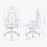 The product is an ergonomic office chair, specifically the UVI Focus model. The image displays a detailed outline of the chair from both the front and side views, including measurements for various dimensions such as height, width, and seat depth. The design features a supportive backrest and adjustable armrests, emphasizing comfort and functionality for office use.