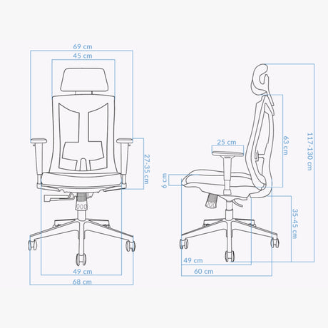 The product is an ergonomic office chair, specifically the UVI Focus model. The image displays a detailed outline of the chair from both the front and side views, including measurements for various dimensions such as height, width, and seat depth. The design features a supportive backrest and adjustable armrests, emphasizing comfort and functionality for office use.