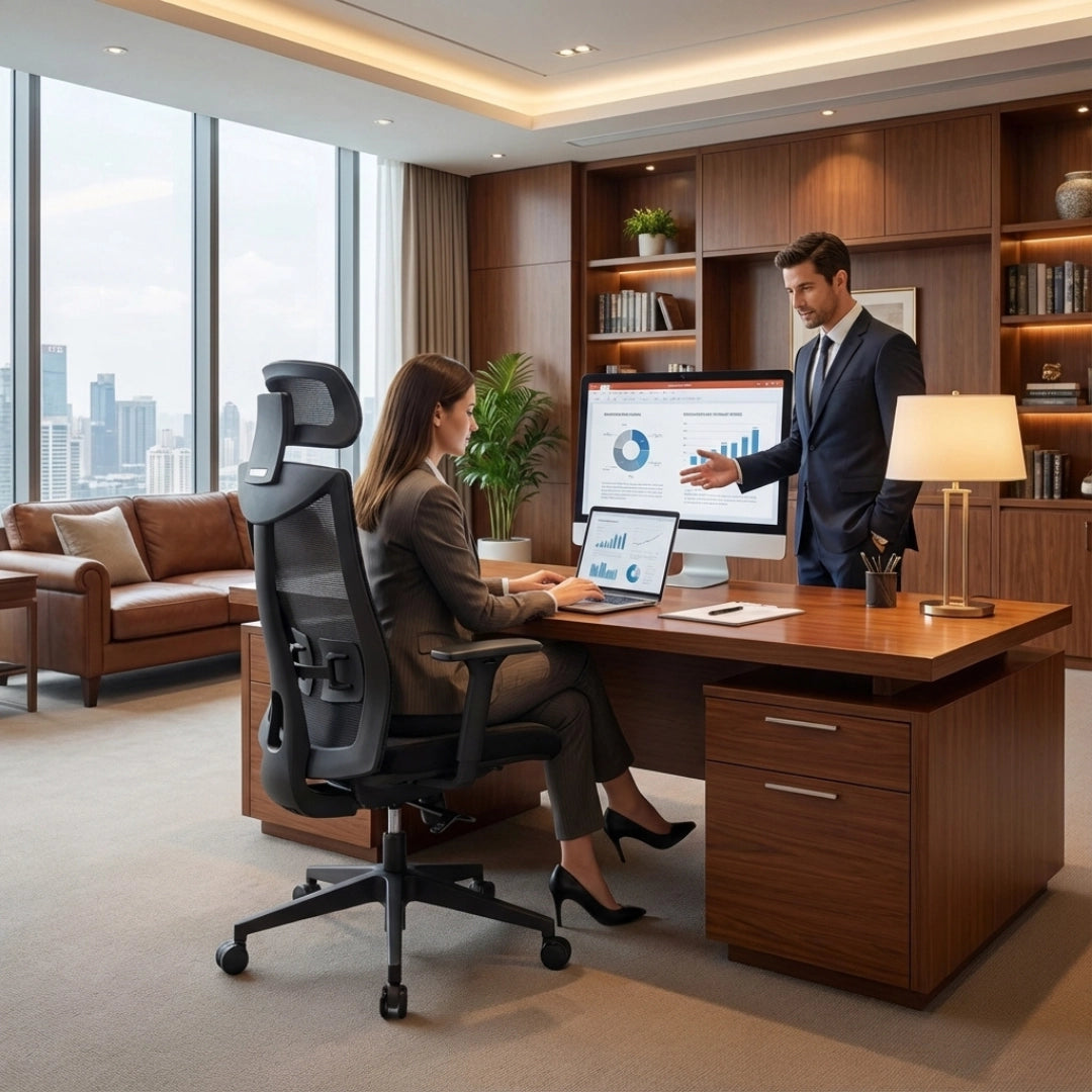 The image features an ergonomic office chair, specifically the UVI Focus model. It depicts a modern office setting where a woman is seated at a desk working on a laptop, while a man stands nearby, presenting data on a large screen. The office is well-furnished with a stylish couch and shelves, creating a professional atmosphere.