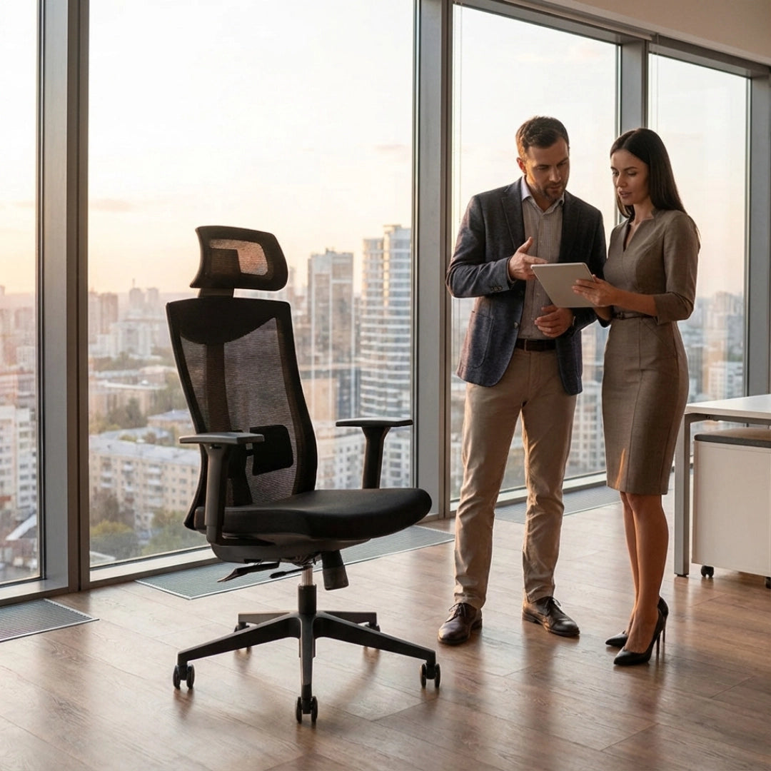 The product is an ergonomic office chair, specifically the UVI Focus model. The image shows the chair positioned in a modern office setting with large windows overlooking a cityscape. Two professionals, a man and a woman, are engaged in discussion while looking at a tablet, highlighting a collaborative work environment.
