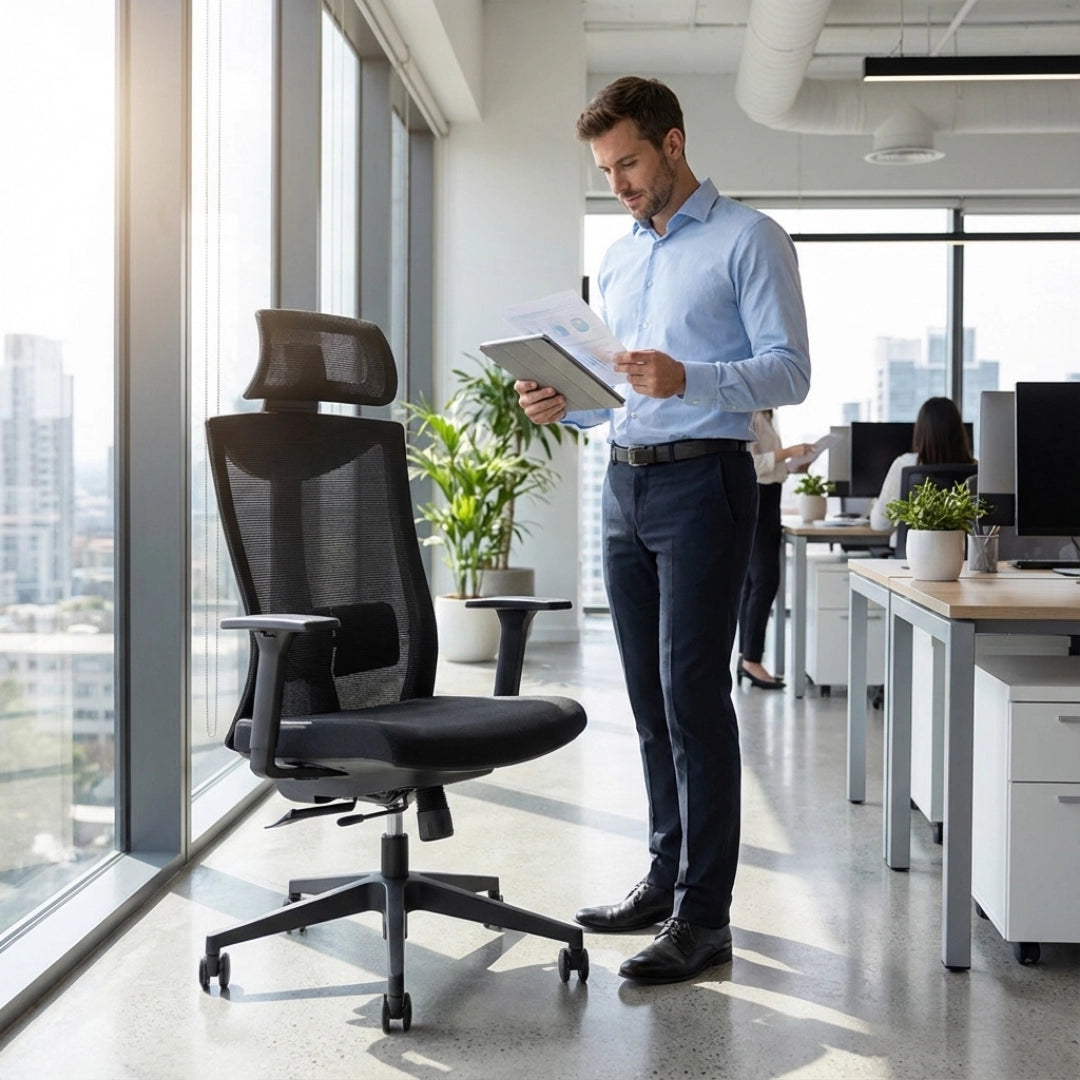 The image features an ergonomic office chair, specifically the UVI Focus model. The chair is designed for comfort and support, with a mesh back and adjustable features. In the scene, a man in a light blue shirt is standing beside the chair, reviewing documents, while a modern office environment with plants and computers is visible in the background.