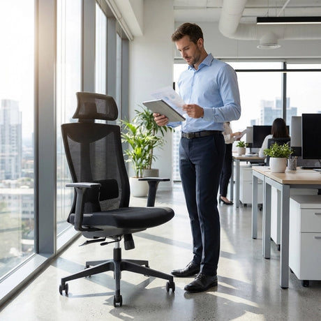 The image features an ergonomic office chair, specifically the UVI Focus model. The chair is designed for comfort and support, with a mesh back and adjustable features. In the scene, a man in a light blue shirt is standing beside the chair, reviewing documents, while a modern office environment with plants and computers is visible in the background.