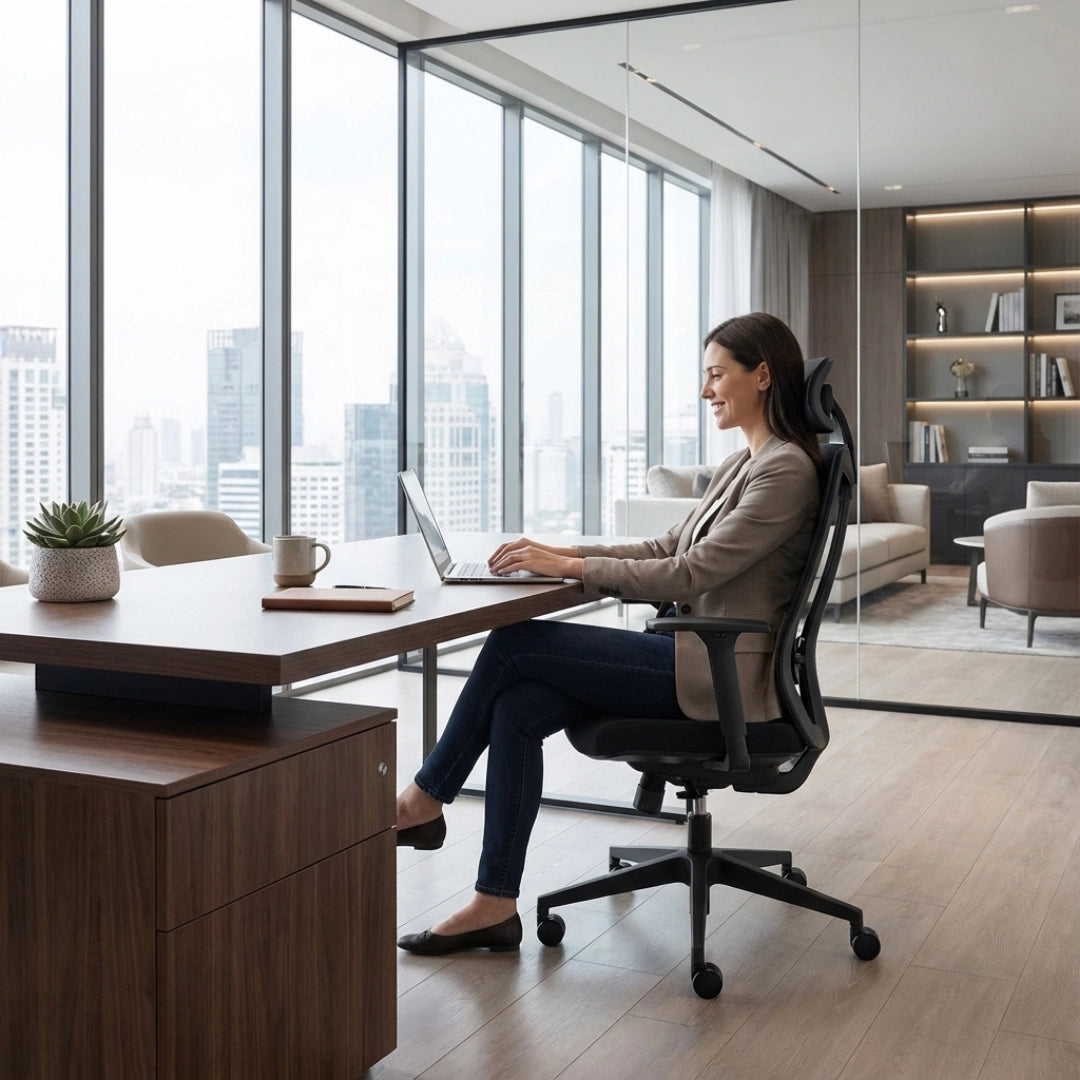 The image features an ergonomic office chair, specifically the UVI Focus model. A woman is sitting comfortably at a modern desk, using a laptop while enjoying a view of the city through large windows. The office space is stylishly designed with wooden elements and a few decorative items, creating a professional yet inviting atmosphere.