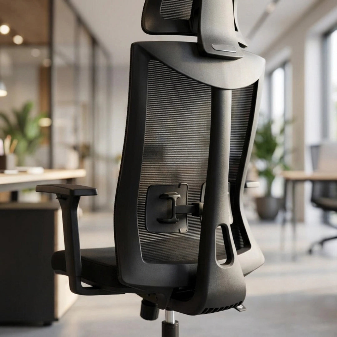 The product is an ergonomic office chair, specifically the UVI Focus model. The image shows the back of the chair, highlighting its sleek design with a mesh backrest for breathability. The chair features adjustable armrests and a modern aesthetic, set in a well-lit office environment with greenery in the background.
