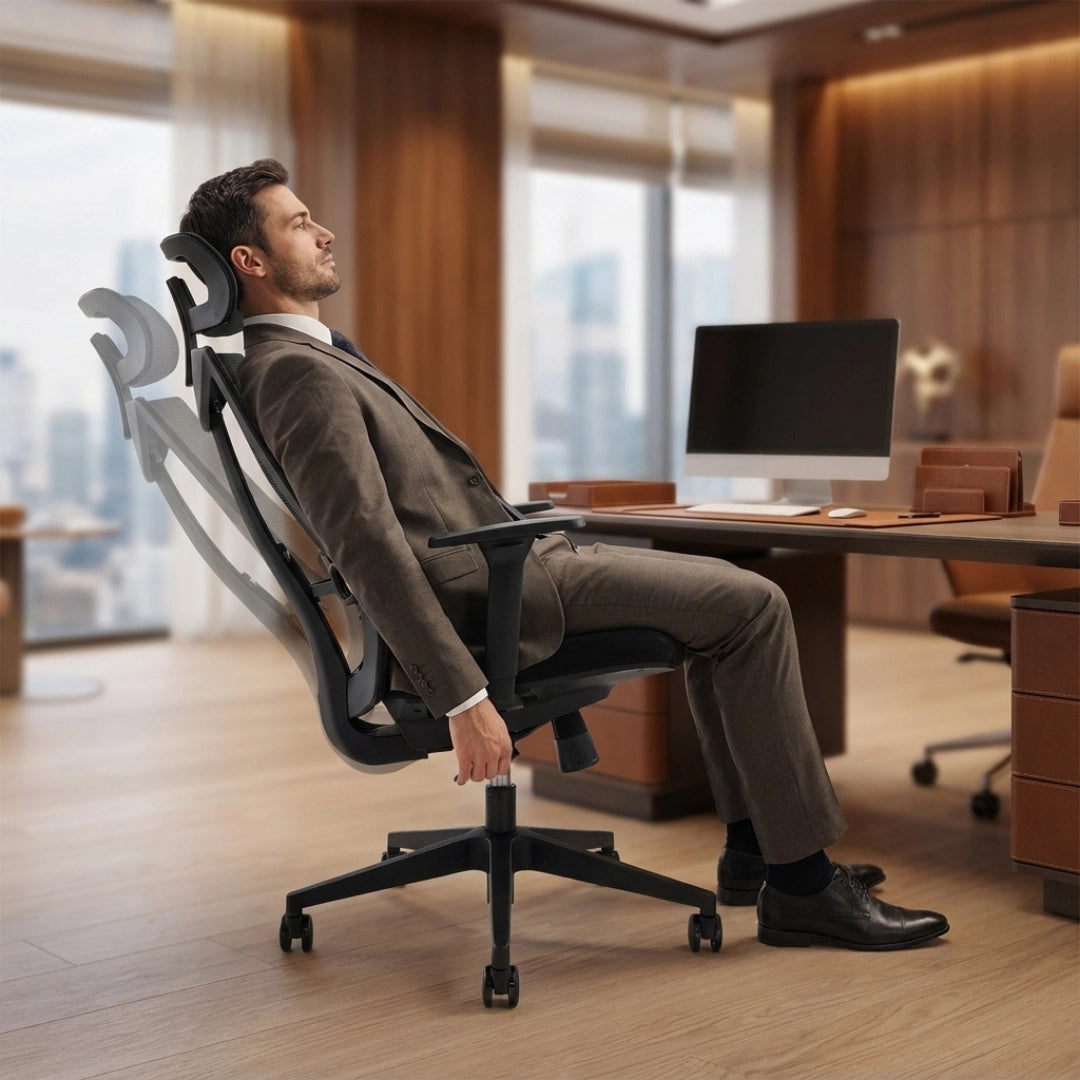 The product is an ergonomic office chair, specifically the UVI Focus model. The image shows a man in a suit comfortably reclining in the chair, which features a modern design with a supportive backrest. The setting appears to be a stylish office with wooden accents and a computer desk in the background.