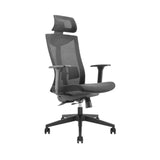 The product is an ergonomic office chair, specifically the UVI Focus model. The image shows a sleek, modern chair with a high backrest, adjustable headrest, and armrests. It features a mesh design for breathability and comfort, and it is mounted on a five-point base with wheels for mobility.