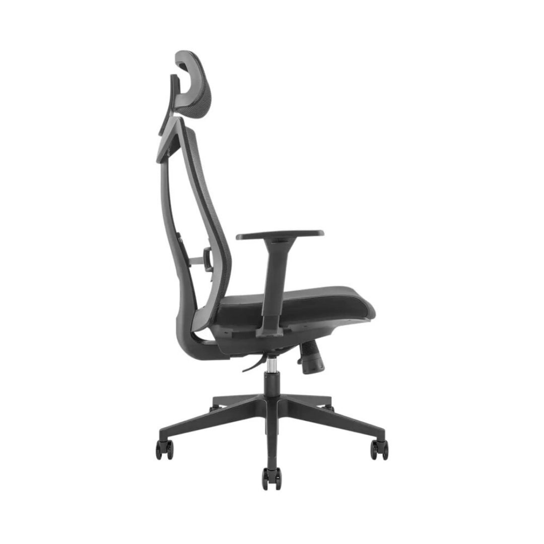 The product is an ergonomic office chair, specifically the UVI Focus model. The image shows the chair from the side, highlighting its sleek design with a mesh backrest, adjustable armrests, and a five-point base with wheels for mobility. The overall aesthetic is modern and functional, aimed at providing comfort and support during long hours of use.