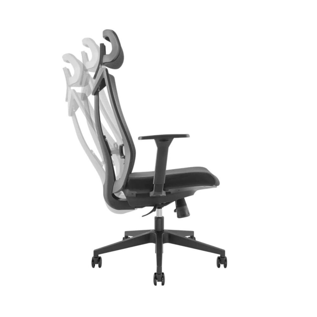 The product is an ergonomic office chair, specifically the UVI Focus model. The image shows the chair from the side, highlighting its adjustable backrest and armrests, designed for comfort and support during long hours of use. The chair features a sleek design with a mesh back for breathability.