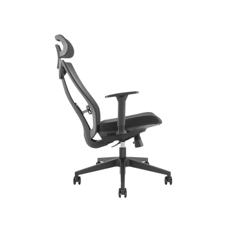 The product is an ergonomic office chair, specifically the UVI Focus model. The image shows the chair from a side angle, highlighting its sleek design, adjustable armrests, and breathable mesh backrest, which is designed to provide comfort and support during long hours of sitting. The chair is mounted on a five-point base with wheels for mobility.