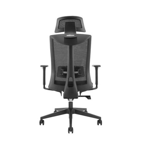 The product is an ergonomic office chair, specifically the UVI Focus model. The image shows the back view of the chair, featuring a mesh backrest for breathability, adjustable armrests, and a sleek, modern design with a five-point base on wheels for mobility.