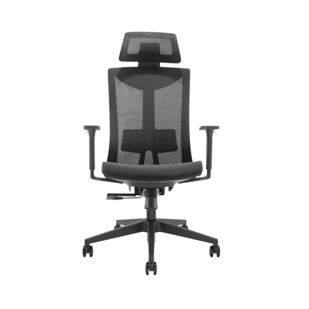 The product is an ergonomic office chair, specifically the UVI Focus model. The chair features a sleek design with a mesh backrest for breathability, adjustable armrests, and a supportive headrest, making it suitable for long hours of sitting. Its base is equipped with wheels for easy mobility.