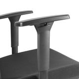 The product is an ergonomic office chair, specifically the UVI Focus model. The image shows a close-up view of the chair's armrests, which are designed for comfort and support. The armrests are made of a sturdy material and have an adjustable feature, enhancing the chair's ergonomic design. The seat is upholstered in a dark fabric, contributing to