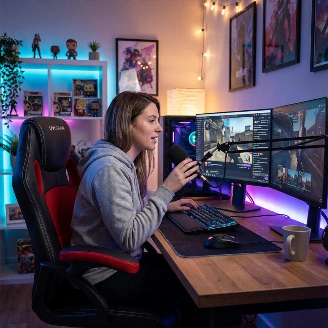 The product is an ergonomic office chair, specifically the UVI Hero Red model. The image shows a woman sitting comfortably in the chair while using a dual-monitor setup, a microphone, and a gaming keyboard, all set in a stylish gaming or office environment with ambient lighting and decorative elements.