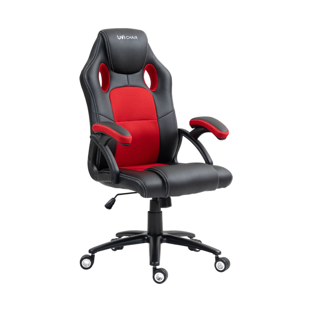 The product is an ergonomic office chair designed for gaming and office use, specifically the UVI HERO model in red and black. The chair features a sporty design with a high backrest, padded seat, and adjustable armrests, making it suitable for long hours of sitting. The color scheme combines black synthetic leather with red accents, enhancing its modern aesthetic.