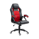 The product is an ergonomic office chair designed for gaming and office use, specifically the UVI HERO model in red and black. The chair features a sporty design with a high backrest, padded seat, and adjustable armrests, making it suitable for long hours of sitting. The color scheme combines black synthetic leather with red accents, enhancing its modern aesthetic.