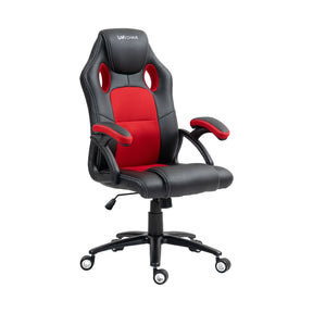 The product is an ergonomic office chair designed for gaming and office use, specifically the UVI HERO model in red and black. The chair features a sporty design with a high backrest, padded seat, and adjustable armrests, making it suitable for long hours of sitting. The color scheme combines black synthetic leather with red accents, enhancing its modern aesthetic.
