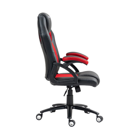 The image features an ergonomic office chair designed for gaming, specifically the UVI Hero Red model. The chair has a sleek design with a combination of black and red colors, showcasing padded armrests and a high back for added comfort. It is mounted on a five-point base with wheels for mobility.
