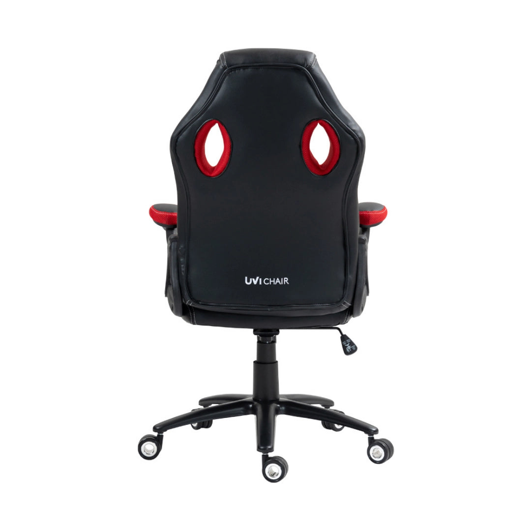 The product is an ergonomic gaming office chair from the brand UVI, model Hero Red. The image shows the back of the chair, which features a sleek black design with red accents, including cut-out details for ventilation and style. The chair is mounted on a five-star base with wheels for mobility.