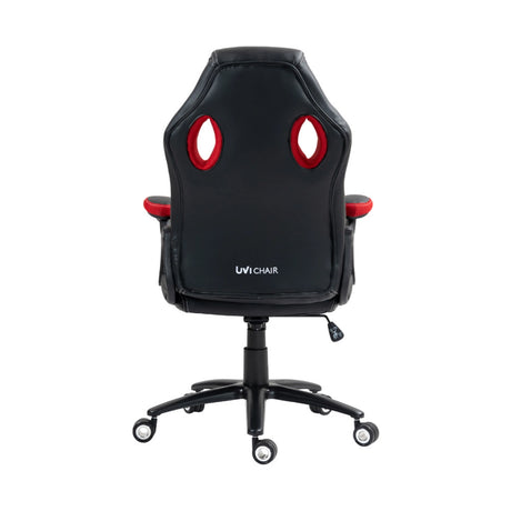 The product is an ergonomic gaming office chair from the brand UVI, model Hero Red. The image shows the back of the chair, which features a sleek black design with red accents, including cut-out details for ventilation and style. The chair is mounted on a five-star base with wheels for mobility.
