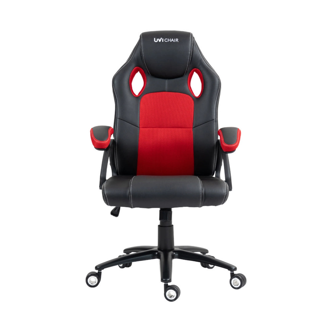 The product is an ergonomic office chair designed for gaming, specifically the UVI HERO model in red and black. The chair features a high backrest with cut-out designs, padded armrests, and a comfortable seat, making it suitable for long hours of use. The overall design combines functionality with a sporty aesthetic.