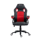 The product is an ergonomic office chair designed for gaming, specifically the UVI HERO model in red and black. The chair features a high backrest with cut-out designs, padded armrests, and a comfortable seat, making it suitable for long hours of use. The overall design combines functionality with a sporty aesthetic.