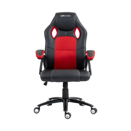 The product is an ergonomic office chair designed for gaming, specifically the UVI HERO model in red and black. The chair features a high backrest with cut-out designs, padded armrests, and a comfortable seat, making it suitable for long hours of use. The overall design combines functionality with a sporty aesthetic.