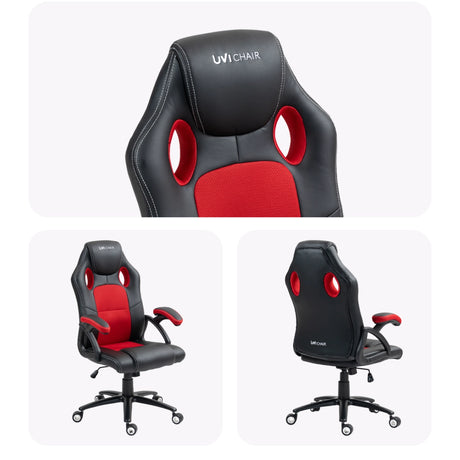 The product is an ergonomic office chair designed for gaming, specifically the UVI HERO model in red and black. The images show the chair from different angles, highlighting its sporty design with a high backrest, armrests, and ventilation holes for comfort. The chair features a sleek combination of leather and mesh materials, making it visually appealing and functional for long