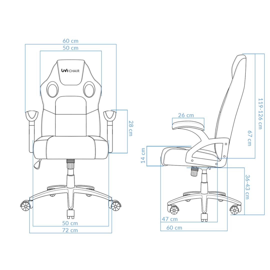 The image showcases an ergonomic office chair designed for gaming, specifically the UVI Hero Red model. It features a modern design with adjustable components, including armrests and height, and is characterized by its red and black color scheme. The dimensions are clearly outlined, indicating its suitability for various user preferences.