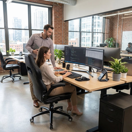 The product is an ergonomic office chair, specifically the UVI Simple Office model. The image shows a modern office environment with a woman seated at a desk, working on a computer, while a man stands beside her, discussing something on the screen. The workspace features large windows, plants, and multiple workstations, creating a collaborative atmosphere.