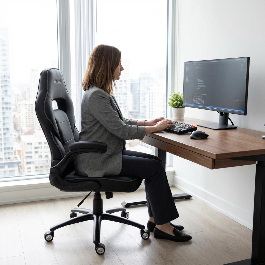 The image features an ergonomic office chair, specifically the UVI Simple Office model. A woman is seated at a modern desk, working on a computer with a large monitor. The setting showcases a bright office space with a city view, emphasizing a professional and comfortable work environment.