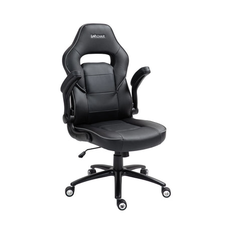 The product is an ergonomic office chair from the brand UVI, specifically the UVI Chair model. The chair features a sleek black design with a high backrest, padded seat, and adjustable armrests, making it suitable for comfortable seating during long hours of work. The base includes rolling casters for easy mobility.