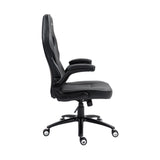 The product is an ergonomic office chair, specifically the UVI Simple Office model. The image shows the chair from the side, featuring a sleek black design with a high backrest, padded seat, and adjustable armrests, all mounted on a wheeled base for mobility.